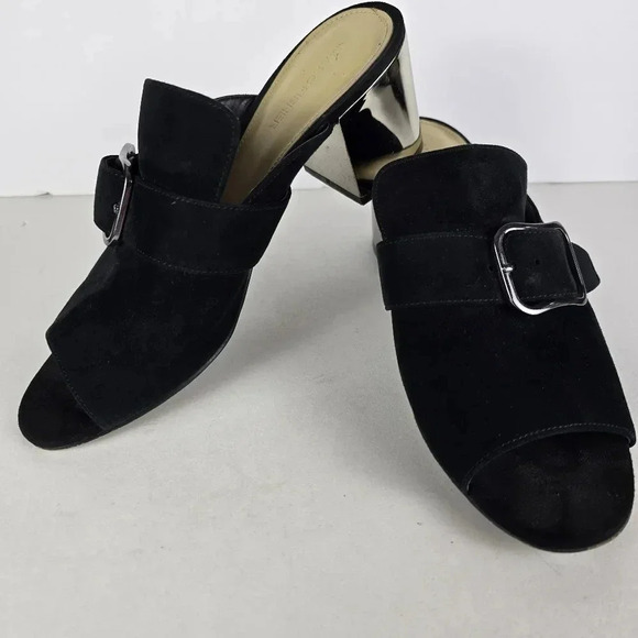 Marc Fisher Rima Mule Sandals Size 9M Black Suede Leather Mirrored Block Heel - Picture 1 of 13